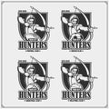 Volleyball, basketball, soccer and football logos and labels. Sport club emblems with archer and hunter. Print design for t-shirts Royalty Free Stock Photo