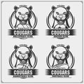 Volleyball, basketball, soccer and football logos and labels. Sport club emblems with cougars. Print design for t-shirts. Royalty Free Stock Photo