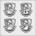 Volleyball, basketball, soccer and football logos and labels. Sport club emblems with king cobra. Print design for t-shirt.