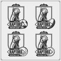 Volleyball, basketball, soccer and football logos and labels. Sport club emblems with raptor dinosaur. Print design for t-shirts.