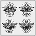 Volleyball, basketball, soccer and football logos and labels. Sport club emblems with wasp. Print design for t-shirts.