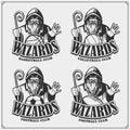 Volleyball, basketball, soccer and football logos and labels. Sport club emblems with wizard or magician. Print design for t-shirt