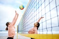 Volleyball, beach and exercise with sports women playing a game outdoor for training or competition. Team, sport and Royalty Free Stock Photo