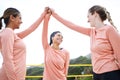Volleyball, beach or sports women high five playing a game, training or workout in summer together. Team fitness, girls Royalty Free Stock Photo