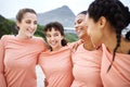 Volleyball, beach or sports women hug in playing a game in training or fitness workout together. Team solidarity, funny Royalty Free Stock Photo