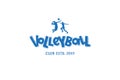 Volleyball club hand written lettering logo, emblem with players and ball Royalty Free Stock Photo