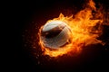 A volleyball engulfed in flames stands out against a black background