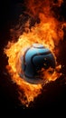 A volleyball engulfed in flames stands out against a black background