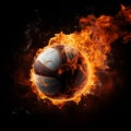 A volleyball engulfed in flames stands out against a black background