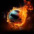 A volleyball engulfed in flames stands out against a black background