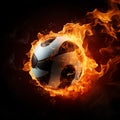 A volleyball engulfed in flames stands out against a black background