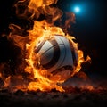 A volleyball engulfed in flames stands out against a black background