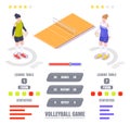 Volleyball game statistics, ratings, vector isometric infographic. Volleyball league tables and sport match results.