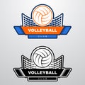 Volleyball logo template with ball flying over the net. Orange and blue sport logo template with flying ball.