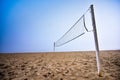 Volleyball net on a beach in thick fog on the Ottawa River.