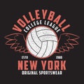 Volleyball New York grunge print for apparel with ball and wings. Typography emblem for t-shirt. Design for athletic clothes.