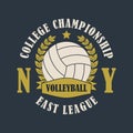 Volleyball New York print for apparel with ball, laurel wreath, ribbon and star. Typography emblem for t-shirt. Design clothes.