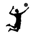 Volleyball player black silhouette. Isolated jumping man with ball. Sport icon. Active game shape. Athletic boy clipart Royalty Free Stock Photo