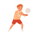 Volleyball player kid serving ball with hands. Funny boy playing active game. Happy cute school child during sports