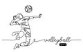 Volleyball player. Male jumps in attack. Playing volley simple vector background, banner, poster. One line drawing art