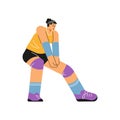 Volleyball player woman stands in a defensive stance, preparing to receive the ball, cartoon athlete vector illustration