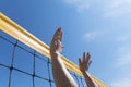 Volleyball spike hand block over net. close-up reach for ball Royalty Free Stock Photo