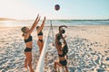 Volleyball, team sports and women on the beach during group holiday together in Miami in summer. Happy, excited and Royalty Free Stock Photo