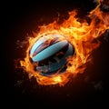 Volleyballs intensity, A fiery ball on a black backdrop, radiating passion