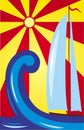 Yacht with a sail against the background of a bright sun and waves. Cartoon vector illustration. Royalty Free Stock Photo