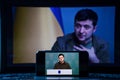 Volodymyr Zelensky the president of Ukraine on TV. Volodymyr Zelenskyy speech to people on TV