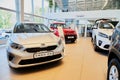 Vologda, Russia - June 18, 2019: Cars in showroom of dealership KIA in Vologda in Russia