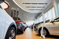 Vologda, Russia - June 18, 2019: Cars in showroom of dealership KIA in Vologda in Russia