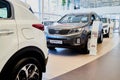 Vologda, Russia - June 18, 2019: Cars in showroom of dealership KIA in Vologda in Russia