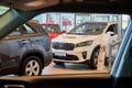 Vologda, Russia - June 18, 2019: Cars in showroom of dealership KIA in Vologda in Russia