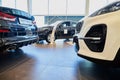 Vologda, Russia - June 18, 2019: Cars in showroom of dealership KIA in Vologda in Russia