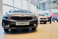 Vologda, Russia - June 18, 2019: Cars in showroom of dealership KIA in Vologda in Russia