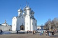 Vologda, Russia, March,09,2014. Russian scene: People walking near Sophiysky cathedral in Vologda Kremlin in early spring