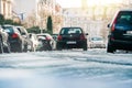 Volskwagen car driving in Strasbourg on snowy road