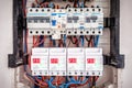 Voltage switchboard with circuit breakers. Electrical background