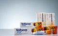 Voltaren Emulgel and Voltaren tablets. 1% diclofenac gel for topical anti-inflammatory and diclofenac sodium on white background.