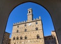Volterra town central square, medieval palace Palazzo Dei Priori landmark Royalty Free Stock Photo