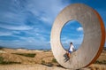 Volterra, Tuscany, Italy. August 2020. In the countryside of the city, a modern art installation draws attention to the Tuscan Royalty Free Stock Photo