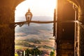 Volterra, Tuscany, Italy. August 2020. In the historic village an amazing glimpse of the panorama of the Tuscan countryside framed