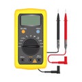 Multimeter electrical or electronics in yellow silicone shell, with probes. Electrician power tools. Isolated on white background.