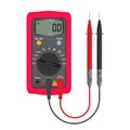 Multimeter electrical or electronics in red silicone shell, with probes. Electrician power tools.