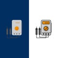 Voltmeter, Ampere, Watt, Digital, Tester Icons. Flat and Line Filled Icon Set Vector Blue Background