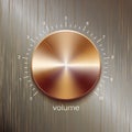 Volume button with bronze brushed texture and number scale isolated on bronze polished texture background