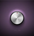 Volume button, sound control icon, music knob metal aluminum or chrome texture and scale with black ring on purple plastic Royalty Free Stock Photo