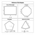 Volume of 2d shapes Formula. Rectangle, octagon, pentagon, sector of circle.