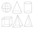Volume geometric shapes: sphere, cone, cylinder, cube, pyramid.